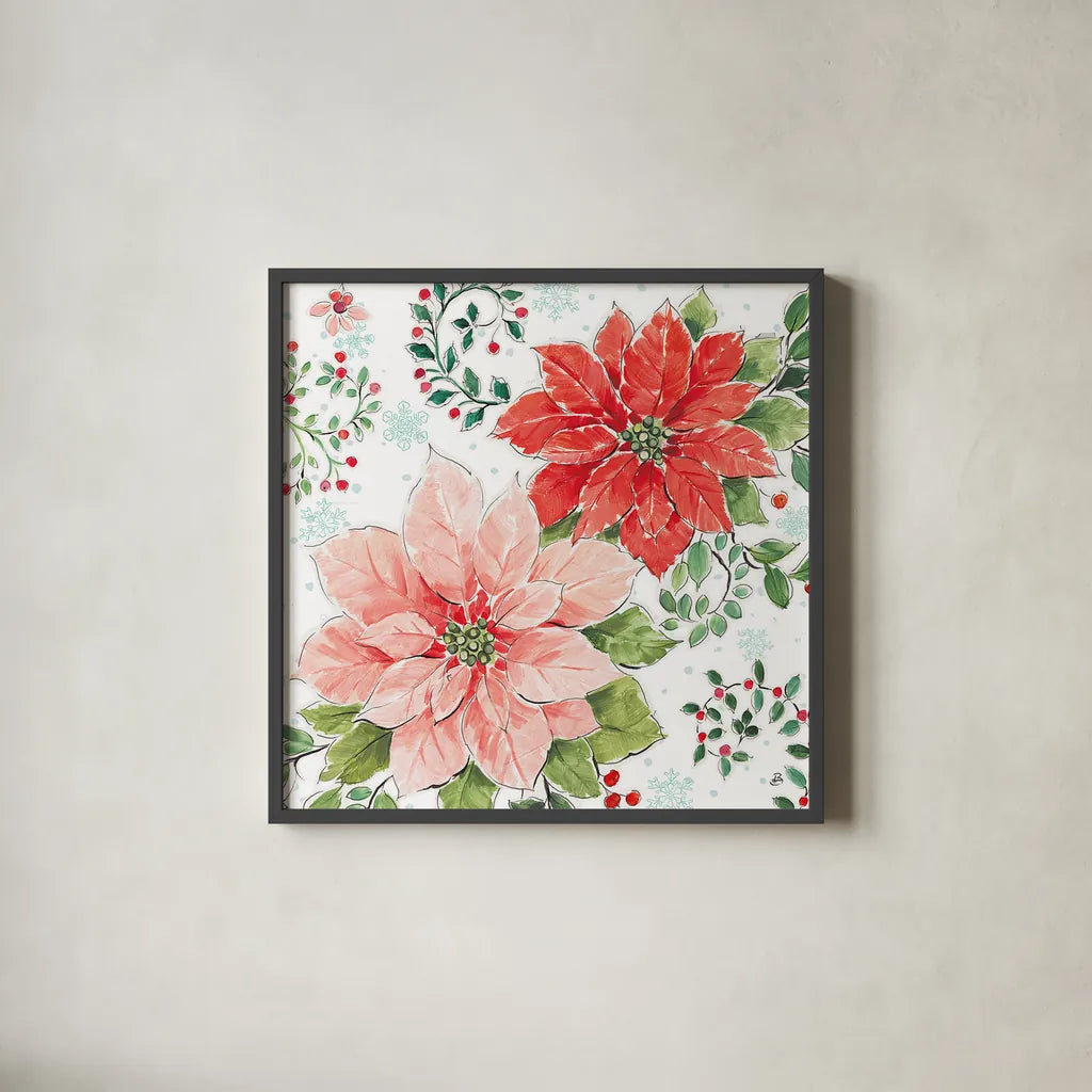Country Poinsettias II by Daphne Brissonnet. Shown in a sleek black glass frame for a contemporary gallery look. Available as an archival giclee rolled canvas, fine art paper, or poster print. SKU 46264a.