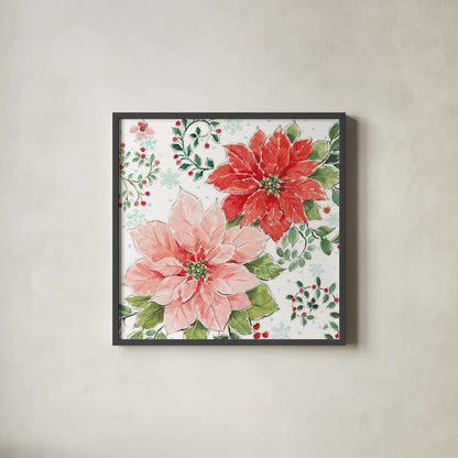 Country Poinsettias II by Daphne Brissonnet. Shown in a sleek black glass frame for a contemporary gallery look. Available as an archival giclee rolled canvas, fine art paper, or poster print. SKU 46264a.
