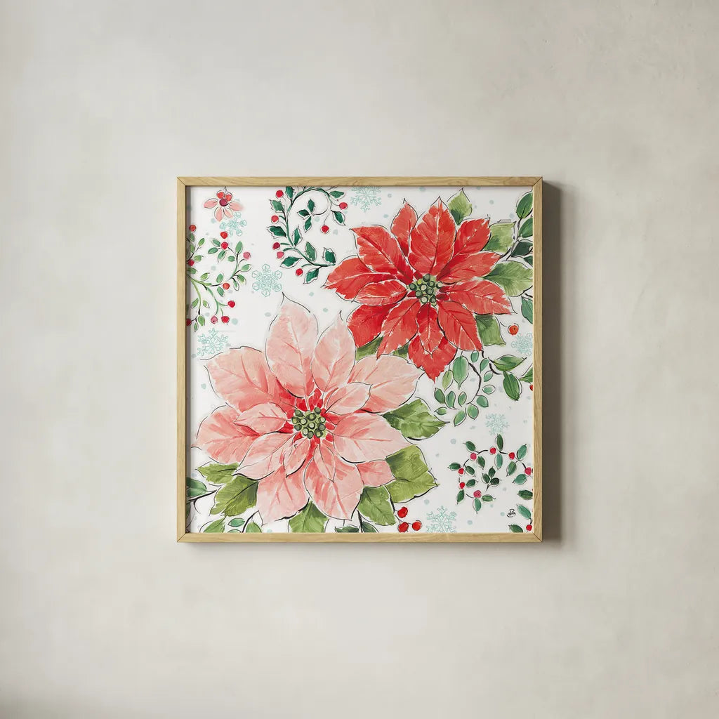 Country Poinsettias II by Daphne Brissonnet. Shown in a natural wood glass frame for a timeless modern aesthetic. Available as an archival giclee rolled canvas, fine art paper, or poster print. SKU 46264a.