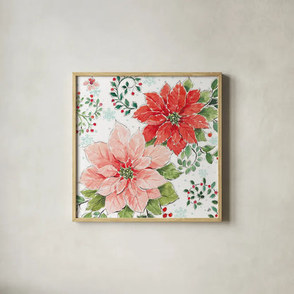 Country Poinsettias II by Daphne Brissonnet. Shown in a natural wood glass frame for a timeless modern aesthetic. Available as an archival giclee rolled canvas, fine art paper, or poster print. SKU 46264a.