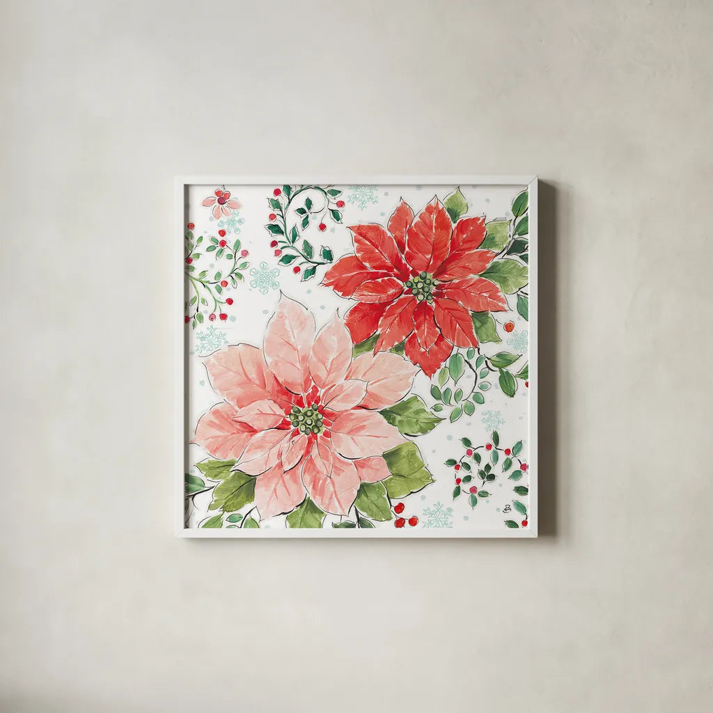 Country Poinsettias II by Daphne Brissonnet. Shown in a crisp white glass frame for a clean and minimalist style. Available as an archival giclee rolled canvas, fine art paper, or poster print. SKU 46264a.