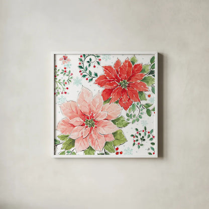 Country Poinsettias II by Daphne Brissonnet. Shown in a crisp white glass frame for a clean and minimalist style. Available as an archival giclee rolled canvas, fine art paper, or poster print. SKU 46264a.