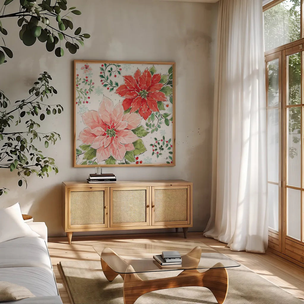 Country Poinsettias II by Daphne Brissonnet. Shown in a natural wood frame in a cozy modern living room. Available as an archival giclee rolled canvas, fine art paper, or poster print. SKU 46264a.