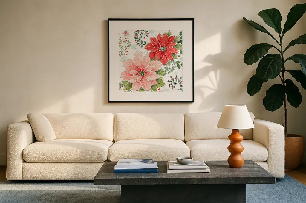 Country Poinsettias II by Daphne Brissonnet. Displayed in a glass frame with matte in a clean modern living room. Available as an archival giclee rolled canvas, fine art paper, or poster print. SKU 46264a.