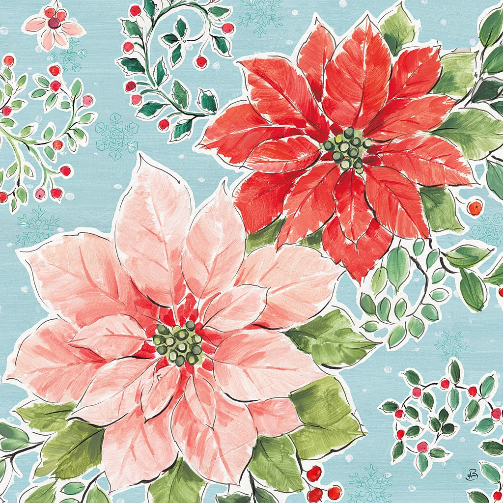 Country Poinsettias II Blue by Daphne Brissonnet. SKU 46270a. Archival Giclee Fine art print for wall decor.