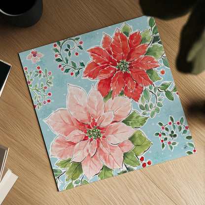 Country Poinsettias II Blue by Daphne Brissonnet. Shown as a detailed flat fine art print, highlighting archival giclee quality. Available as an archival giclee rolled canvas, fine art paper, or poster print. SKU 46270a.