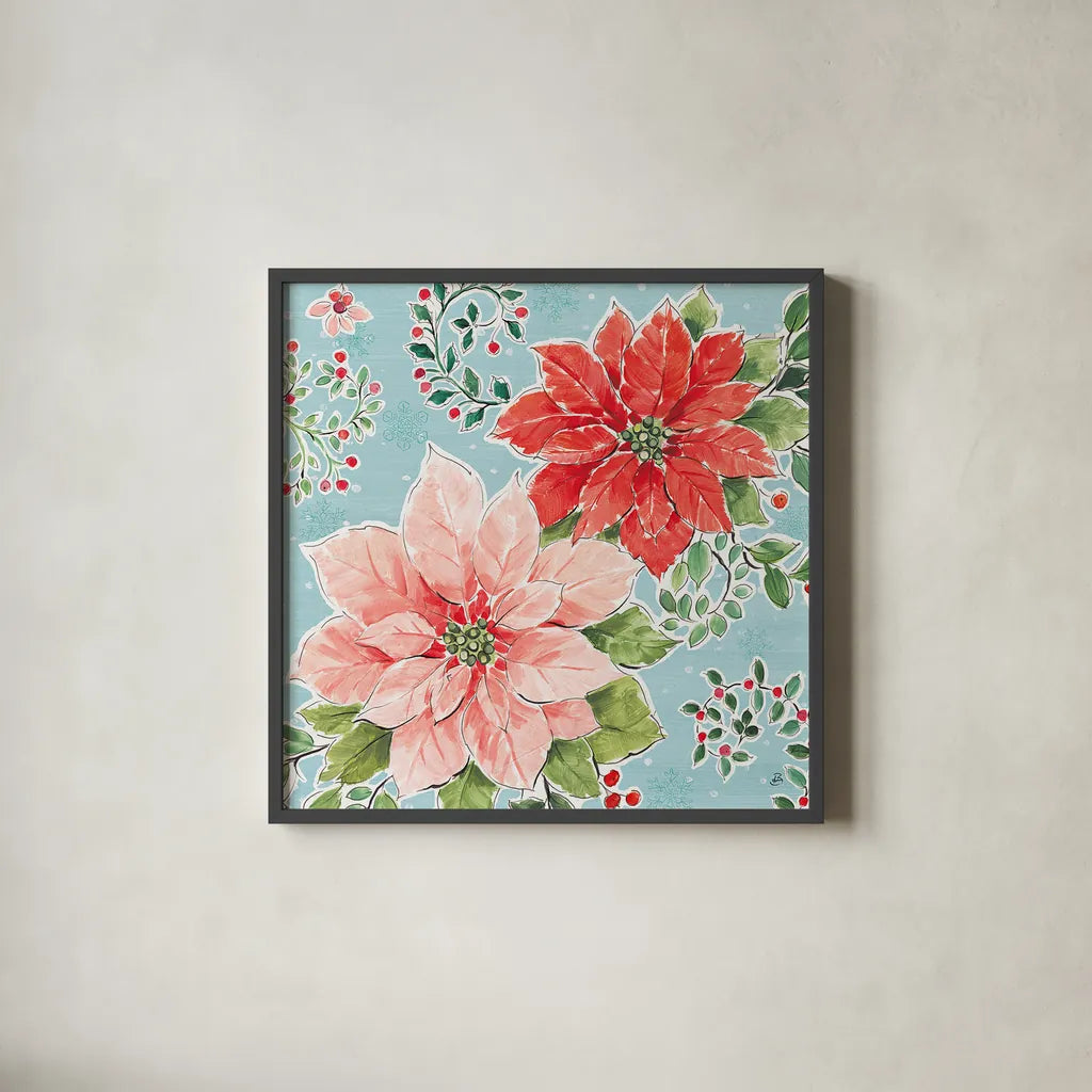 Country Poinsettias II Blue by Daphne Brissonnet. Shown in a sleek black glass frame for a contemporary gallery look. Available as an archival giclee rolled canvas, fine art paper, or poster print. SKU 46270a.