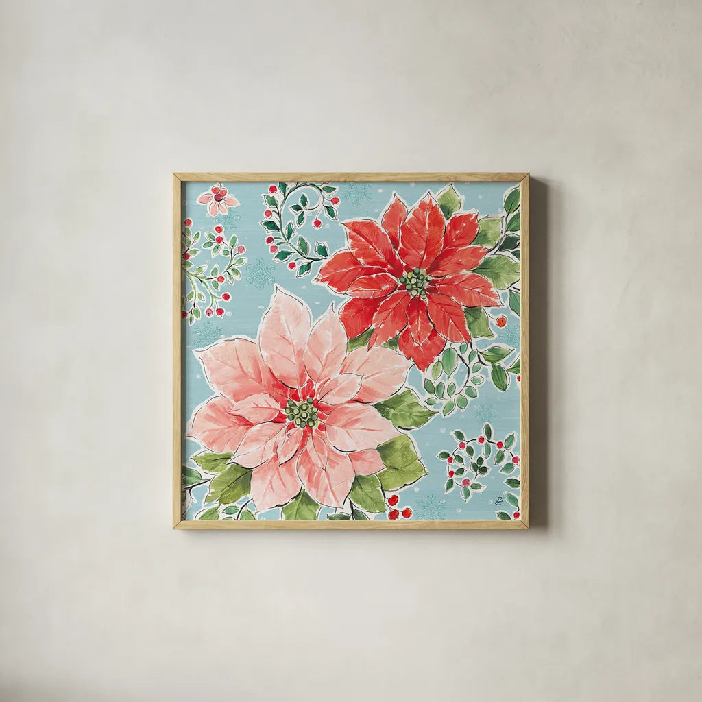 Country Poinsettias II Blue by Daphne Brissonnet. Shown in a natural wood glass frame for a timeless modern aesthetic. Available as an archival giclee rolled canvas, fine art paper, or poster print. SKU 46270a.