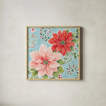 Country Poinsettias II Blue by Daphne Brissonnet. Shown in a natural wood glass frame for a timeless modern aesthetic. Available as an archival giclee rolled canvas, fine art paper, or poster print. SKU 46270a.