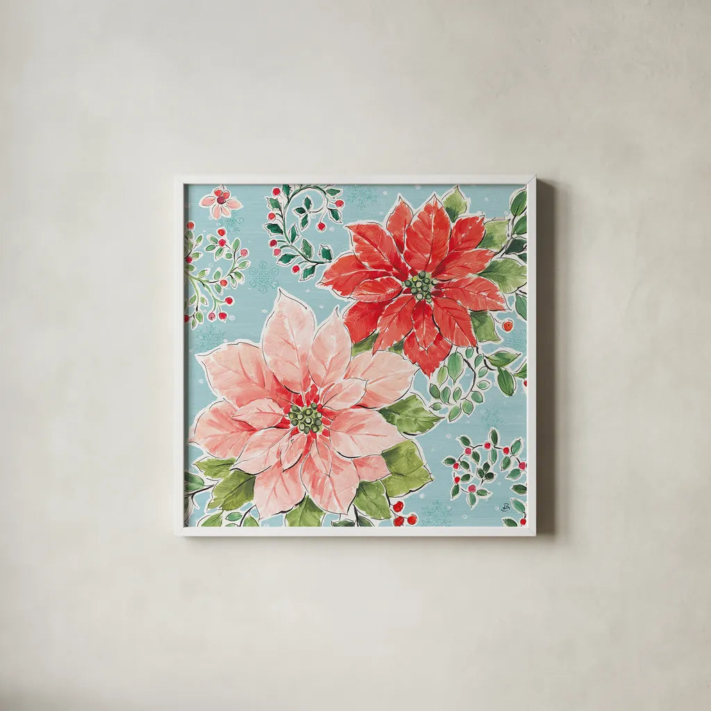 Country Poinsettias II Blue by Daphne Brissonnet. Shown in a crisp white glass frame for a clean and minimalist style. Available as an archival giclee rolled canvas, fine art paper, or poster print. SKU 46270a.