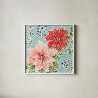 Country Poinsettias II Blue by Daphne Brissonnet. Shown in a crisp white glass frame for a clean and minimalist style. Available as an archival giclee rolled canvas, fine art paper, or poster print. SKU 46270a.