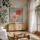 Country Poinsettias II Blue by Daphne Brissonnet. Shown in a natural wood frame in a cozy modern living room. Available as an archival giclee rolled canvas, fine art paper, or poster print. SKU 46270a.