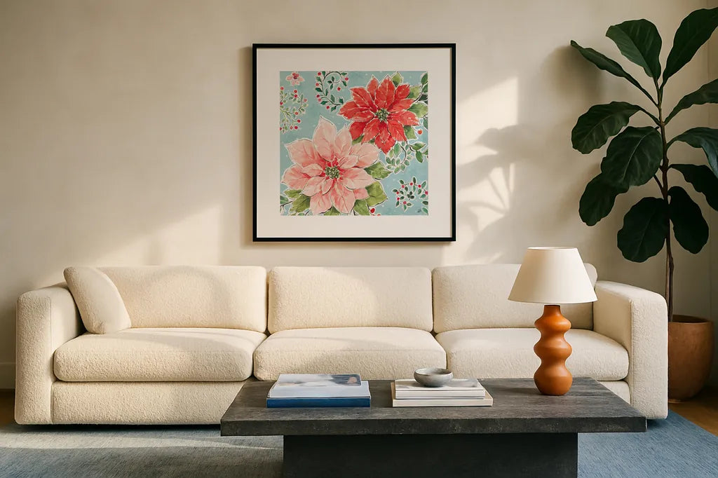 Country Poinsettias II Blue by Daphne Brissonnet. Displayed in a glass frame with matte in a clean modern living room. Available as an archival giclee rolled canvas, fine art paper, or poster print. SKU 46270a.