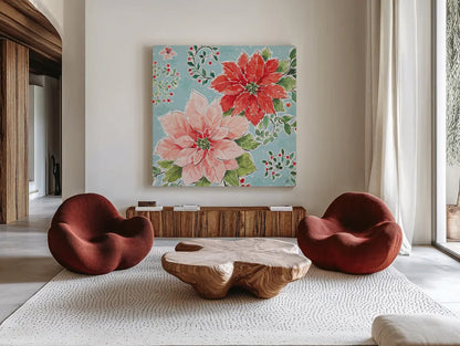 Country Poinsettias II Blue by Daphne Brissonnet. Shown as extra-large giant wall art in a modern living room. Available as an archival giclee rolled canvas, fine art paper, or poster print. SKU 46270a.