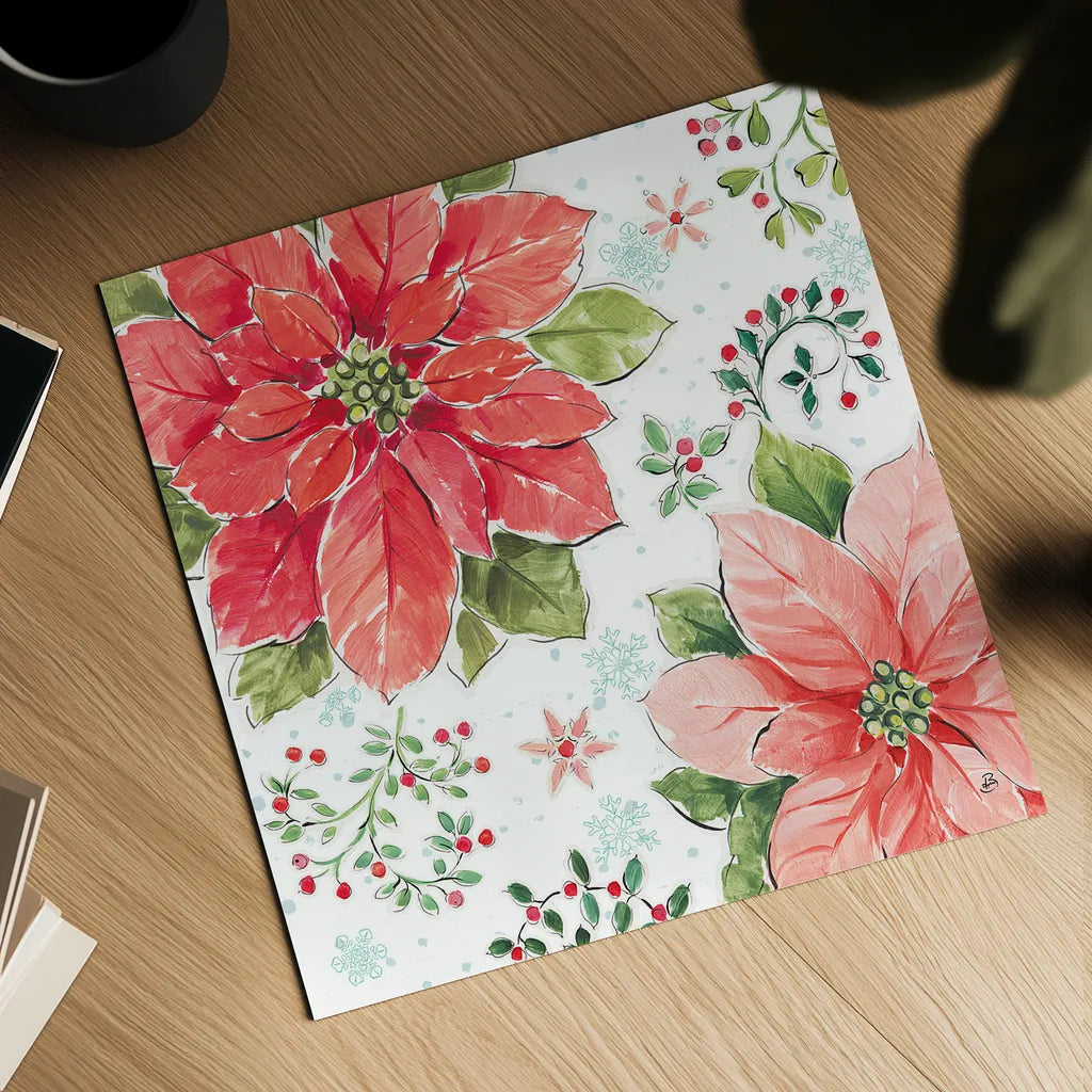 Country Poinsettias III by Daphne Brissonnet. Shown as a detailed flat fine art print, highlighting archival giclee quality. Available as an archival giclee rolled canvas, fine art paper, or poster print. SKU 46265a.