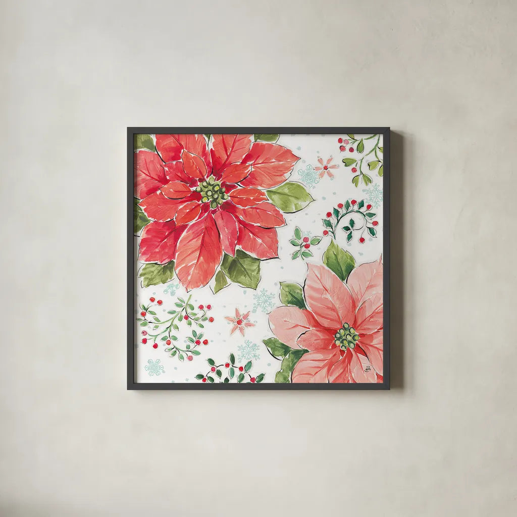 Country Poinsettias III by Daphne Brissonnet. Shown in a sleek black glass frame for a contemporary gallery look. Available as an archival giclee rolled canvas, fine art paper, or poster print. SKU 46265a.