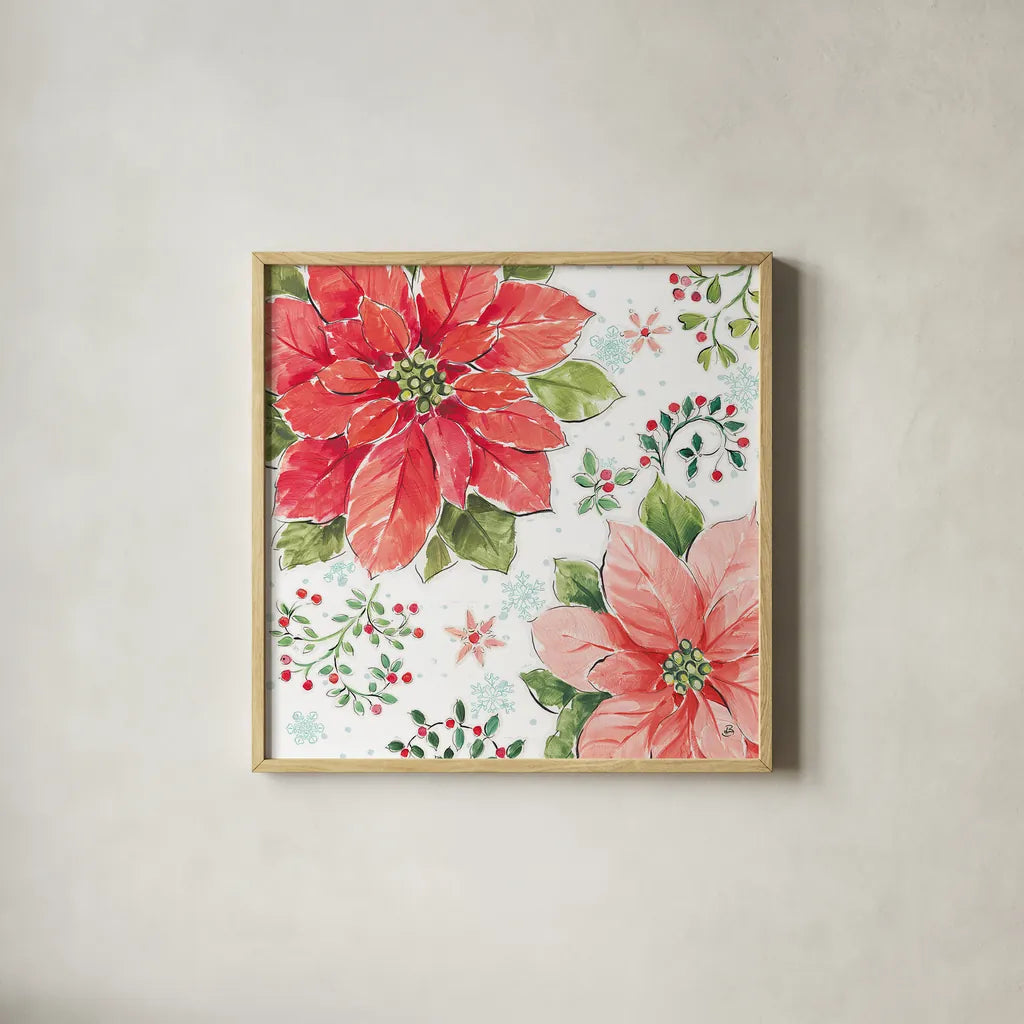 Country Poinsettias III by Daphne Brissonnet. Shown in a natural wood glass frame for a timeless modern aesthetic. Available as an archival giclee rolled canvas, fine art paper, or poster print. SKU 46265a.