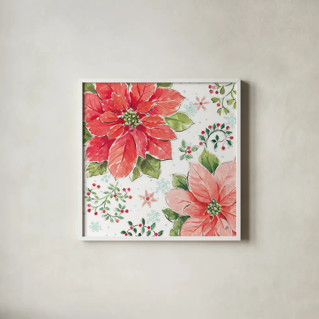 Country Poinsettias III by Daphne Brissonnet. Shown in a crisp white glass frame for a clean and minimalist style. Available as an archival giclee rolled canvas, fine art paper, or poster print. SKU 46265a.