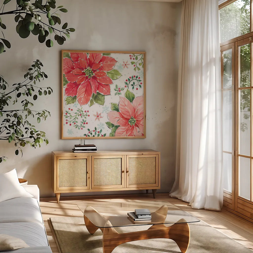 Country Poinsettias III by Daphne Brissonnet. Shown in a natural wood frame in a cozy modern living room. Available as an archival giclee rolled canvas, fine art paper, or poster print. SKU 46265a.