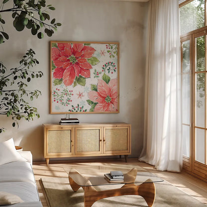 Country Poinsettias III by Daphne Brissonnet. Shown in a natural wood frame in a cozy modern living room. Available as an archival giclee rolled canvas, fine art paper, or poster print. SKU 46265a.