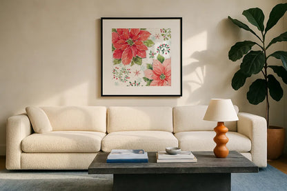 Country Poinsettias III by Daphne Brissonnet. Displayed in a glass frame with matte in a clean modern living room. Available as an archival giclee rolled canvas, fine art paper, or poster print. SKU 46265a.