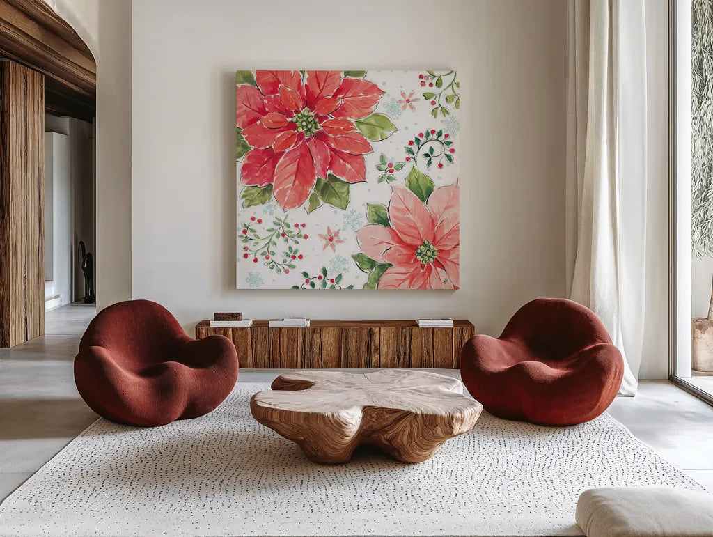 Country Poinsettias III by Daphne Brissonnet. Shown as extra-large giant wall art in a modern living room. Available as an archival giclee rolled canvas, fine art paper, or poster print. SKU 46265a.