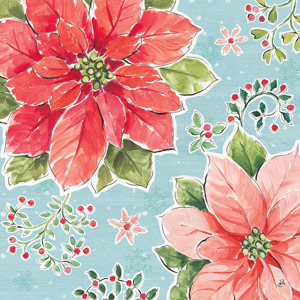 Country Poinsettias III Blue by Daphne Brissonnet. SKU 46271a. Archival Giclee Fine art print for wall decor.