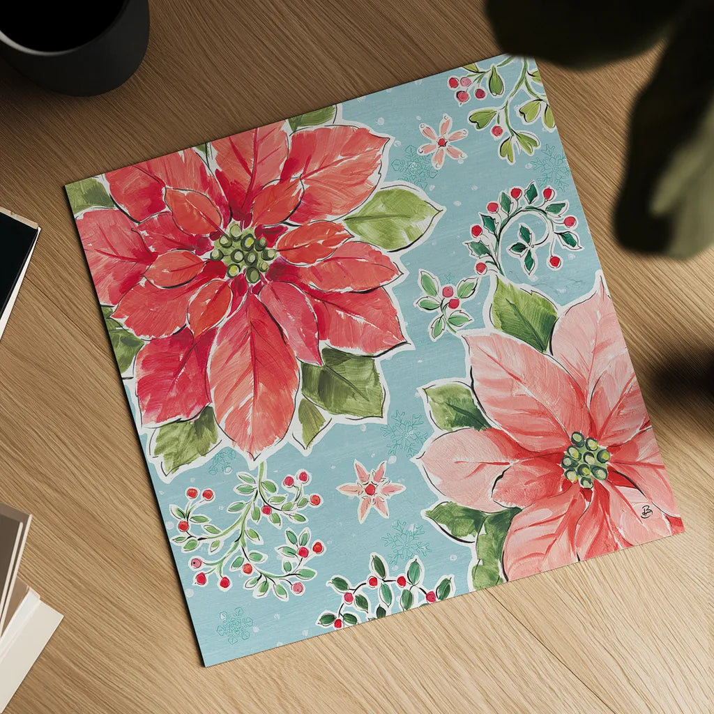 Country Poinsettias III Blue by Daphne Brissonnet. Shown as a detailed flat fine art print, highlighting archival giclee quality. Available as an archival giclee rolled canvas, fine art paper, or poster print. SKU 46271a.