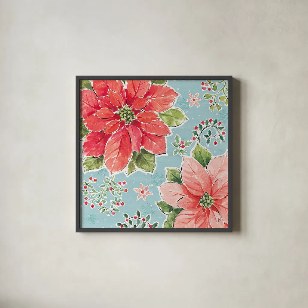 Country Poinsettias III Blue by Daphne Brissonnet. Shown in a sleek black glass frame for a contemporary gallery look. Available as an archival giclee rolled canvas, fine art paper, or poster print. SKU 46271a.