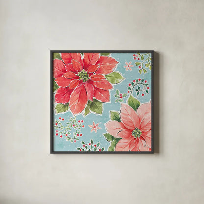 Country Poinsettias III Blue by Daphne Brissonnet. Shown in a sleek black glass frame for a contemporary gallery look. Available as an archival giclee rolled canvas, fine art paper, or poster print. SKU 46271a.