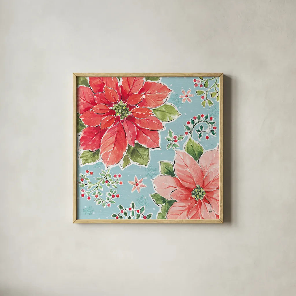 Country Poinsettias III Blue by Daphne Brissonnet. Shown in a natural wood glass frame for a timeless modern aesthetic. Available as an archival giclee rolled canvas, fine art paper, or poster print. SKU 46271a.