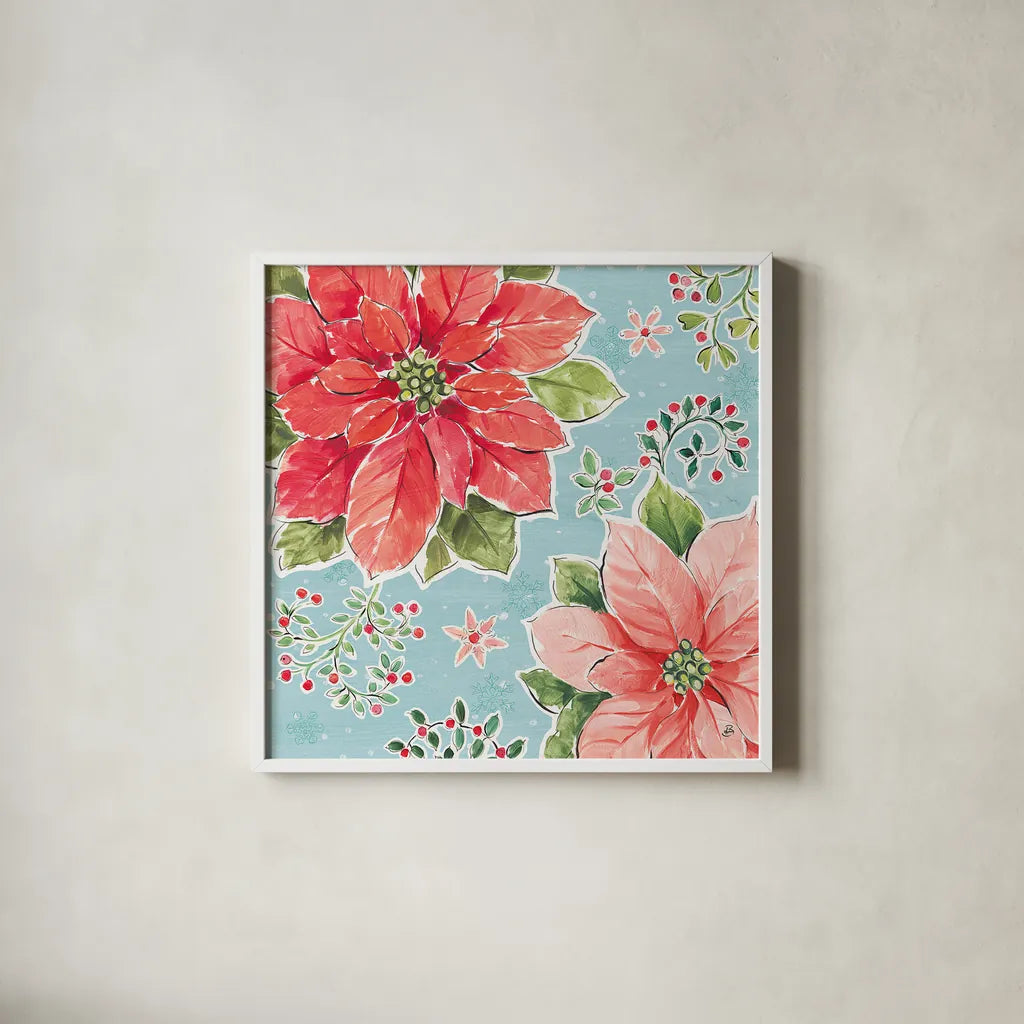 Country Poinsettias III Blue by Daphne Brissonnet. Shown in a crisp white glass frame for a clean and minimalist style. Available as an archival giclee rolled canvas, fine art paper, or poster print. SKU 46271a.