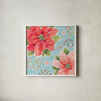 Country Poinsettias III Blue by Daphne Brissonnet. Shown in a crisp white glass frame for a clean and minimalist style. Available as an archival giclee rolled canvas, fine art paper, or poster print. SKU 46271a.