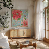 Country Poinsettias III Blue by Daphne Brissonnet. Shown in a natural wood frame in a cozy modern living room. Available as an archival giclee rolled canvas, fine art paper, or poster print. SKU 46271a.