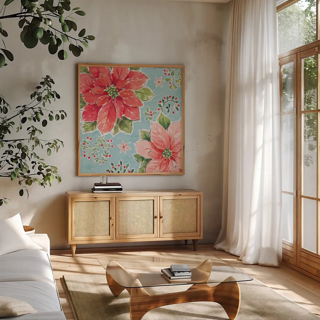 Country Poinsettias III Blue by Daphne Brissonnet. Shown in a natural wood frame in a cozy modern living room. Available as an archival giclee rolled canvas, fine art paper, or poster print. SKU 46271a.