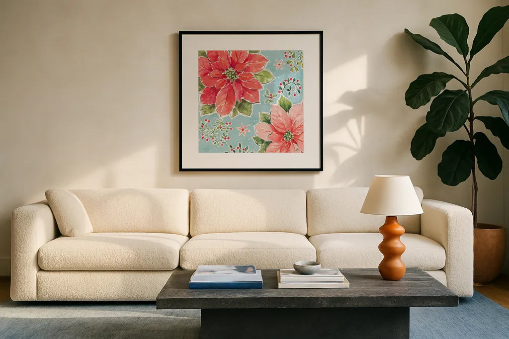 Country Poinsettias III Blue by Daphne Brissonnet. Displayed in a glass frame with matte in a clean modern living room. Available as an archival giclee rolled canvas, fine art paper, or poster print. SKU 46271a.