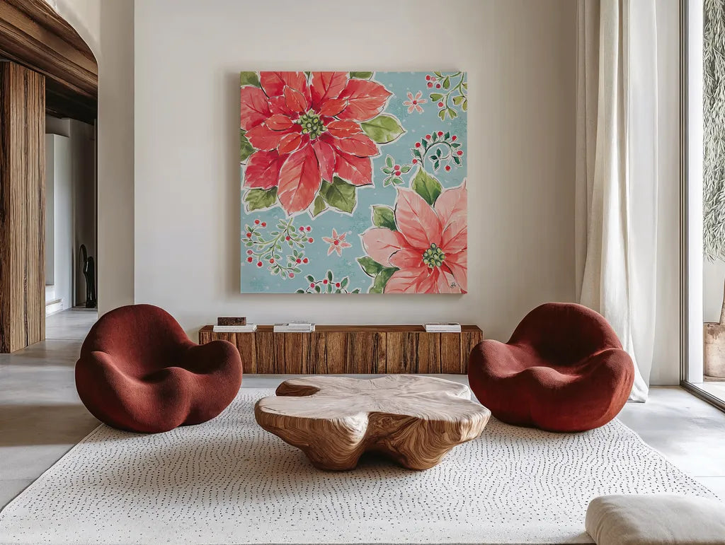 Country Poinsettias III Blue by Daphne Brissonnet. Shown as extra-large giant wall art in a modern living room. Available as an archival giclee rolled canvas, fine art paper, or poster print. SKU 46271a.