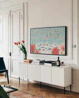 Country Poinsettias IV by Daphne Brissonnet. shown as a framed stretched canvas in a living room above a console. Available as a archival giclee rolled canvas, fine art paper, or poster print. SKU 46266i.