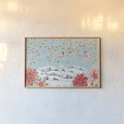 Country Poinsettias IV by Daphne Brissonnet. shown as a paper print in a natural frame. Available as a archival giclee rolled canvas, fine art paper, or poster print. SKU 46266i.