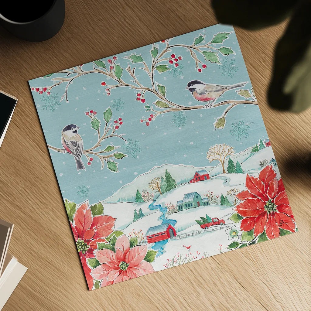 Country Poinsettias V by Daphne Brissonnet. Shown as a detailed flat fine art print, highlighting archival giclee quality. Available as an archival giclee rolled canvas, fine art paper, or poster print. SKU 46267a.