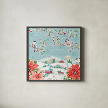 Country Poinsettias V by Daphne Brissonnet. Shown in a sleek black glass frame for a contemporary gallery look. Available as an archival giclee rolled canvas, fine art paper, or poster print. SKU 46267a.