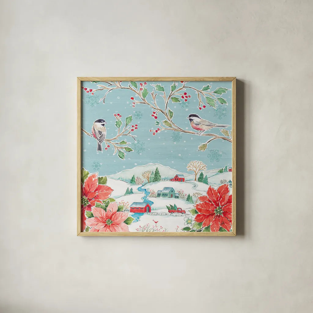 Country Poinsettias V by Daphne Brissonnet. Shown in a natural wood glass frame for a timeless modern aesthetic. Available as an archival giclee rolled canvas, fine art paper, or poster print. SKU 46267a.