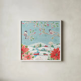 Country Poinsettias V by Daphne Brissonnet. Shown in a crisp white glass frame for a clean and minimalist style. Available as an archival giclee rolled canvas, fine art paper, or poster print. SKU 46267a.