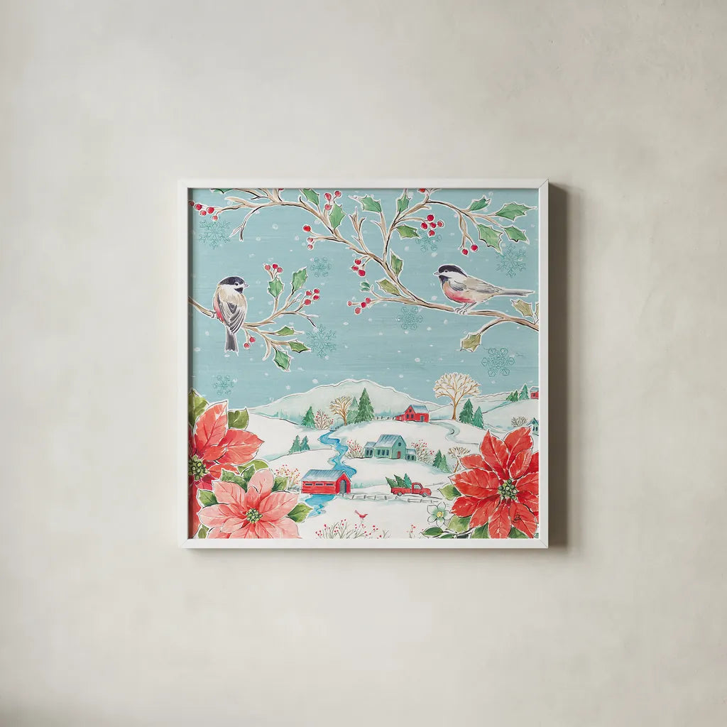 Country Poinsettias V by Daphne Brissonnet. Shown in a crisp white glass frame for a clean and minimalist style. Available as an archival giclee rolled canvas, fine art paper, or poster print. SKU 46267a.