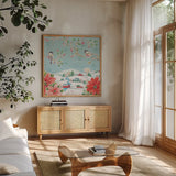 Country Poinsettias V by Daphne Brissonnet. Shown in a natural wood frame in a cozy modern living room. Available as an archival giclee rolled canvas, fine art paper, or poster print. SKU 46267a.