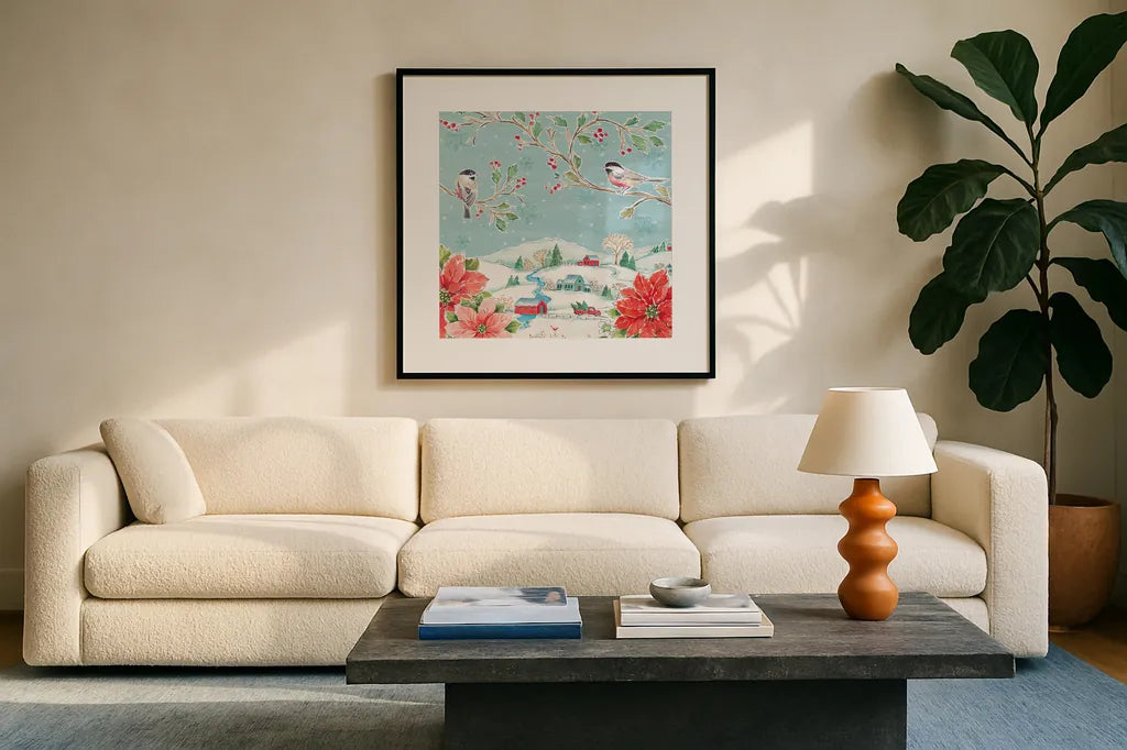 Country Poinsettias V by Daphne Brissonnet. Displayed in a glass frame with matte in a clean modern living room. Available as an archival giclee rolled canvas, fine art paper, or poster print. SKU 46267a.