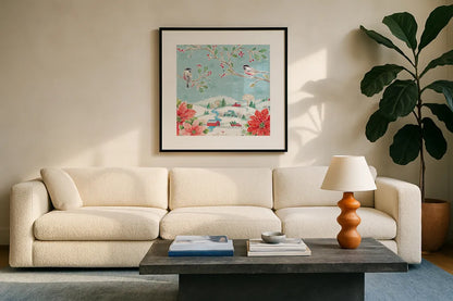 Country Poinsettias V by Daphne Brissonnet. Displayed in a glass frame with matte in a clean modern living room. Available as an archival giclee rolled canvas, fine art paper, or poster print. SKU 46267a.