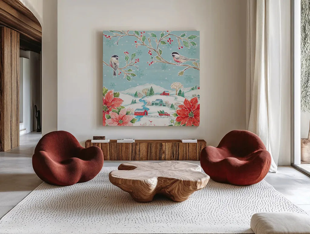 Country Poinsettias V by Daphne Brissonnet. Shown as extra-large giant wall art in a modern living room. Available as an archival giclee rolled canvas, fine art paper, or poster print. SKU 46267a.
