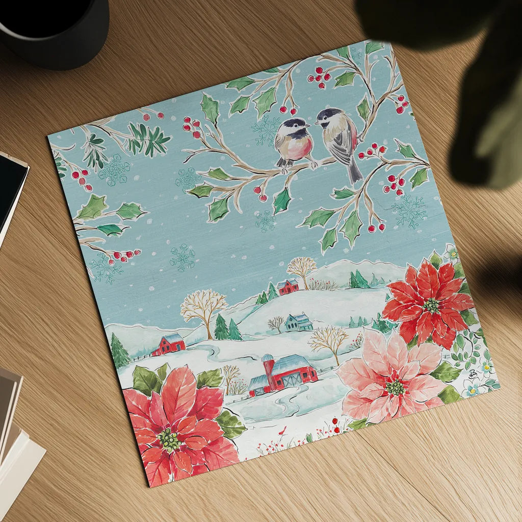 Country Poinsettias VI by Daphne Brissonnet. Shown as a detailed flat fine art print, highlighting archival giclee quality. Available as an archival giclee rolled canvas, fine art paper, or poster print. SKU 46268a.