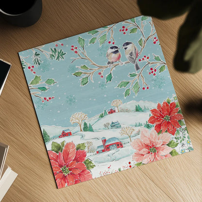 Country Poinsettias VI by Daphne Brissonnet. Shown as a detailed flat fine art print, highlighting archival giclee quality. Available as an archival giclee rolled canvas, fine art paper, or poster print. SKU 46268a.